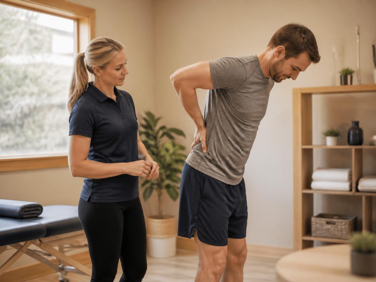 Physiotherapist assessing a standing patient's lower-back movement in a clinic