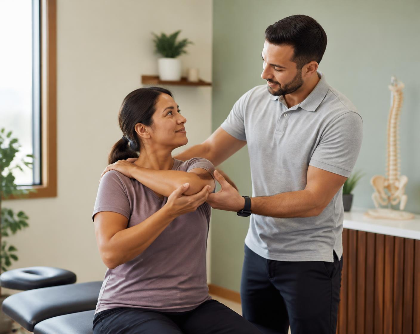 Chiropractor talking with an adult patient during a seated shoulder and spine assessment in a bright clinic room