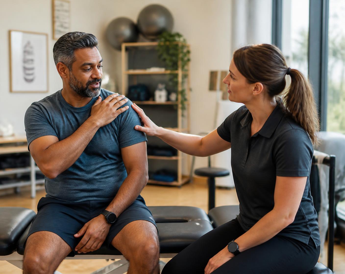 Physiotherapist listening to an adult patient describe shoulder discomfort during an assessment in a modern clinic