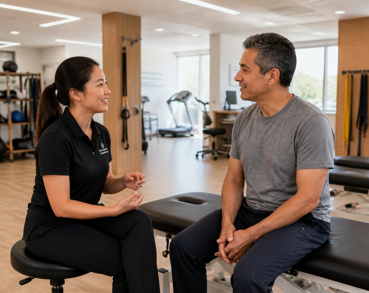Massage therapist discussing treatment goals with an adult patient in a modern rehabilitation clinic