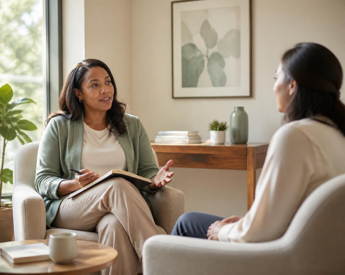 Mental health professional speaking with an adult client in a private, comfortable consultation room