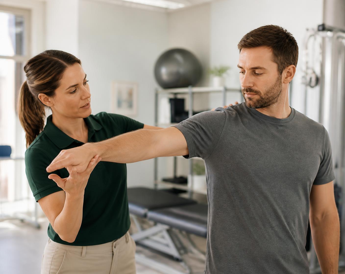Physical Therapist guiding an adult patient through a movement assessment in a rehabilitation clinic