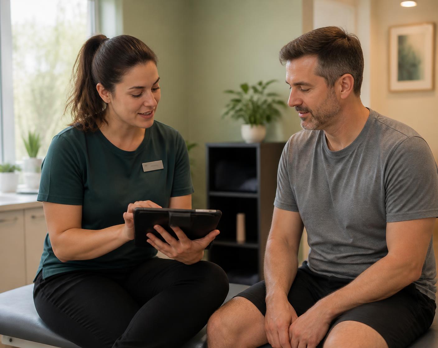 Physiotherapist seated with an adult patient in a modern clinic, explaining a care plan on a tablet