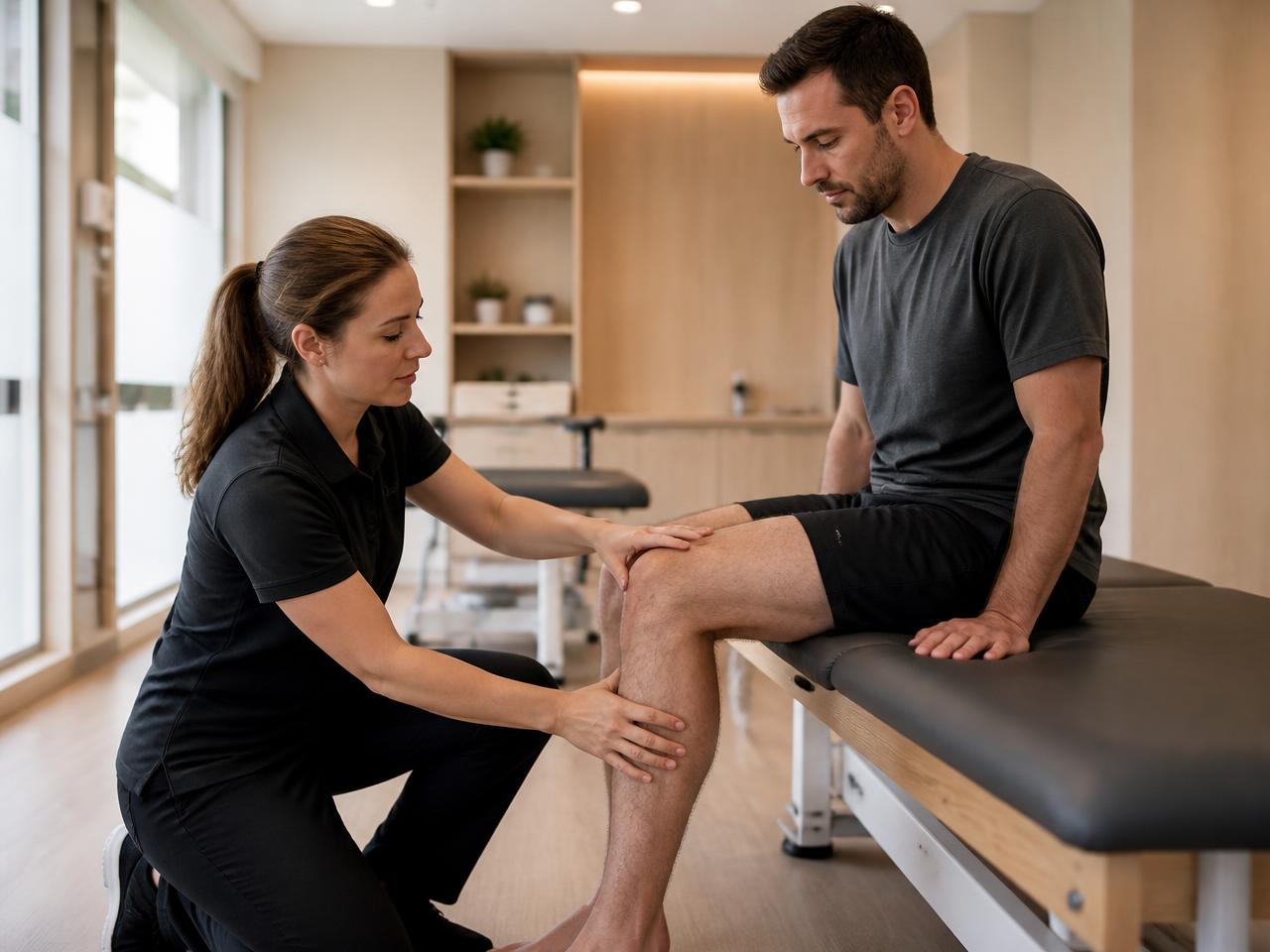 Physiotherapist evaluating a seated patient's knee movement in a clinic