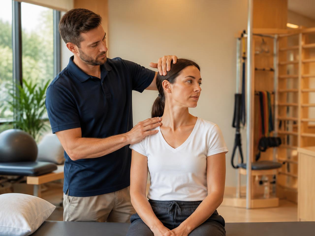 Provider assessing neck mobility with a seated patient in a clinic