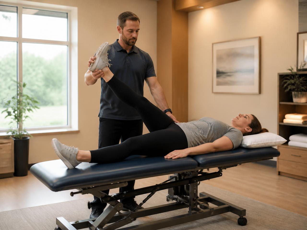 Rehabilitation provider assessing a patient's lower-back and leg movement on a treatment table