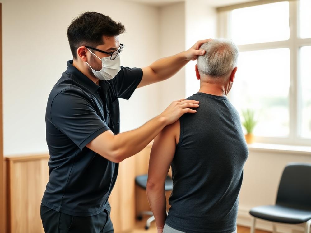 Provider assessing a standing patient's shoulder mobility in a clinic